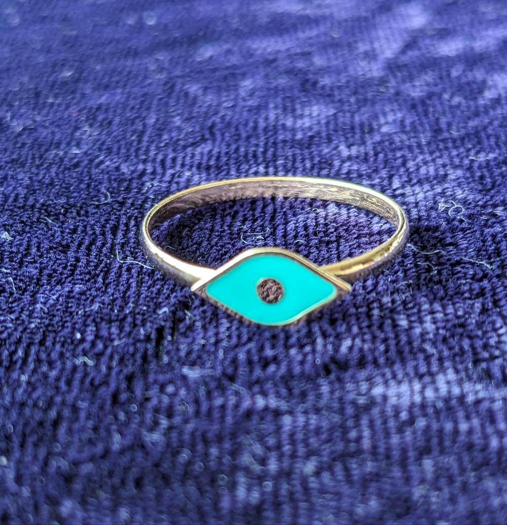 Solid 14K Gold Stacking Ring With Turquoise Blue Enamel, Size 9